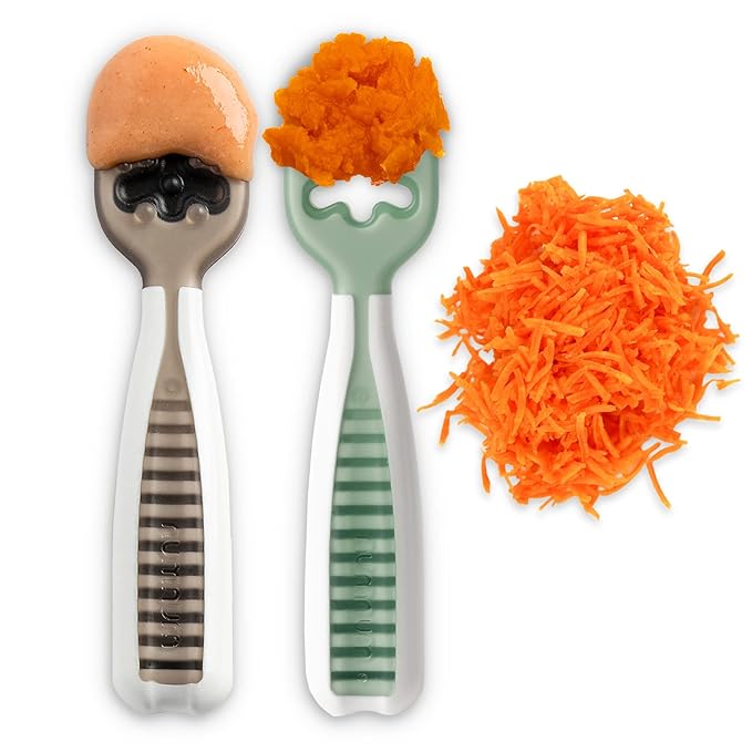 NumNum Baby Spoons Set, Baby Essentials Pre-Spoon GOOtensils for 6+ Months, First Stage Self-Feeding Spoons for Baby Led Weaning (BLW), Silicone Toddler Utensils, BPA-Free, 2 Pack Gray/Green