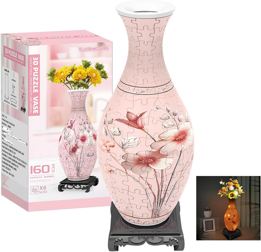 3D Puzzles Vase for Adults, Birthday Gifts for Women, 160 Pieces Plastic DIY Unique Flower Vase with LED Light, Crafts for Adults House Warming Gift for Flower Arrangements and Home Decor (Pink)