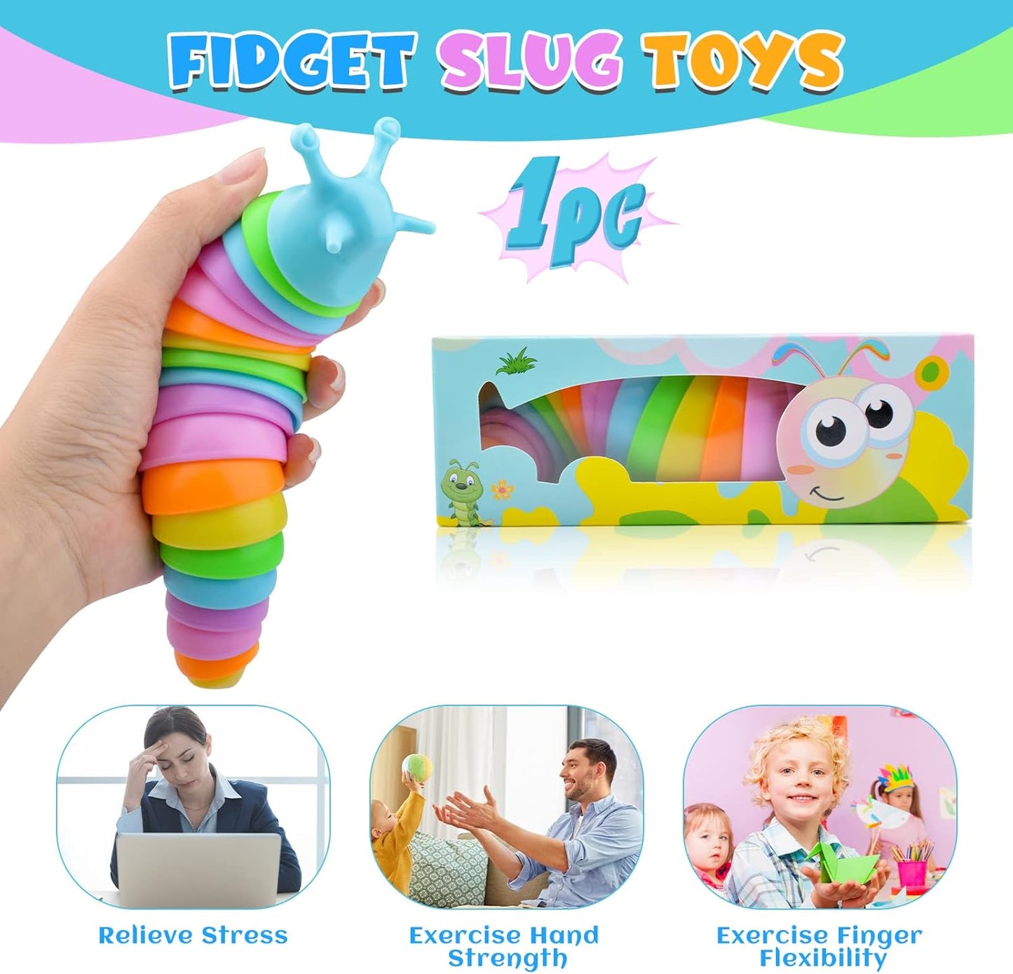 Cevioce Sensory Slug Fidget Toys,Fidget Slug Toys for Adults & Kids Party Favors,1 PC Cute Autism Sensory Toys for Autistic Children,Toddler Toys Age 1+,Travel Toys for 1+ Year Old （Rainbow）