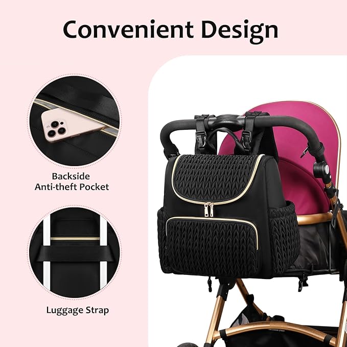 Large Capacity Diaper Bag Backpack with Stroller Buckle, Water-Resistant Travel Baby Bag with Insulated Pockets (modern, Black-lightgold)