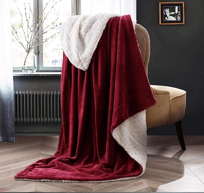 NANPIPER Sherpa Blanket Warm Blankets Super Soft Fuzzy Flannel Fleece/Wool Like Reversible Velvet Plush Couch Blanket Lightweight(Wine Red Throw Size 50"x60")