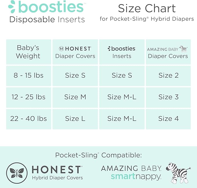 Super Boosties 96ct + Honest Hybrid Cloth Diaper Cover with Pocket-Sling, Small (8-15 lbs), Stops Nighttime Leaks, Boosties Disposable Diaper Inserts, Honest Cotton Muslin Covers, 3 Pack