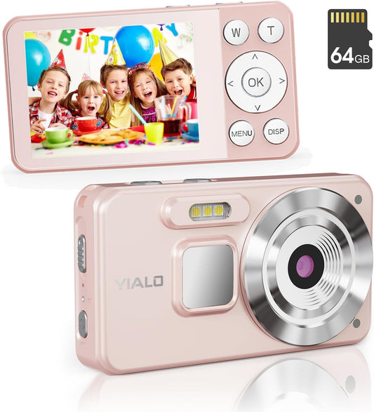 4K Digital Camera for Teens, FHD 64MP Digital Camera for Kids with 64GB SD Card, 18X Digital Zoom Cameras for Photography, Point and Shoot Video Camera for Kids, Pink