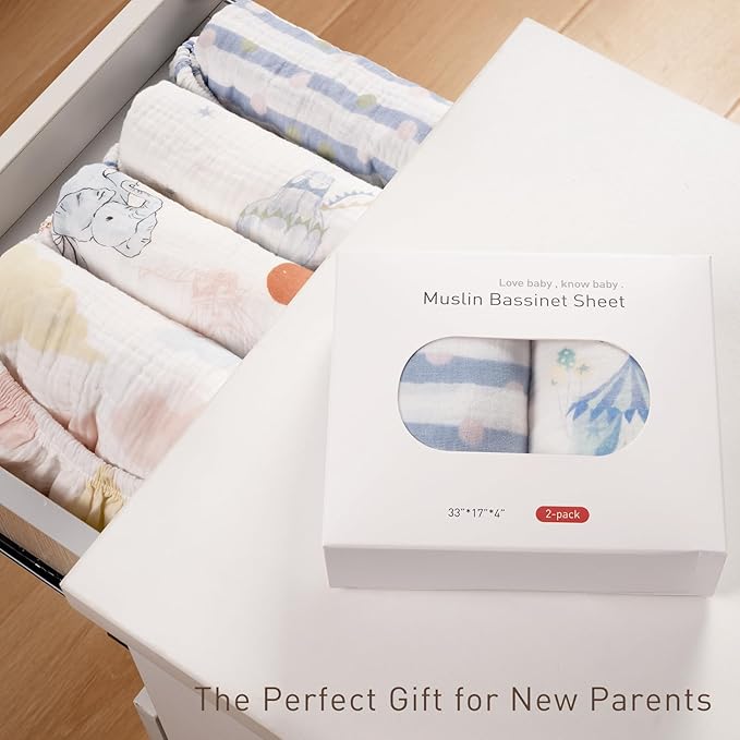 Muslin Bassinet Fitted Sheets, 2 Pack for Baby Boy and Girl, Soft Breathable Baby Pad/Mattress Sheet, Fit for Hourglass Oval and Rectangle Bassinet Mattress (Cute Cars)