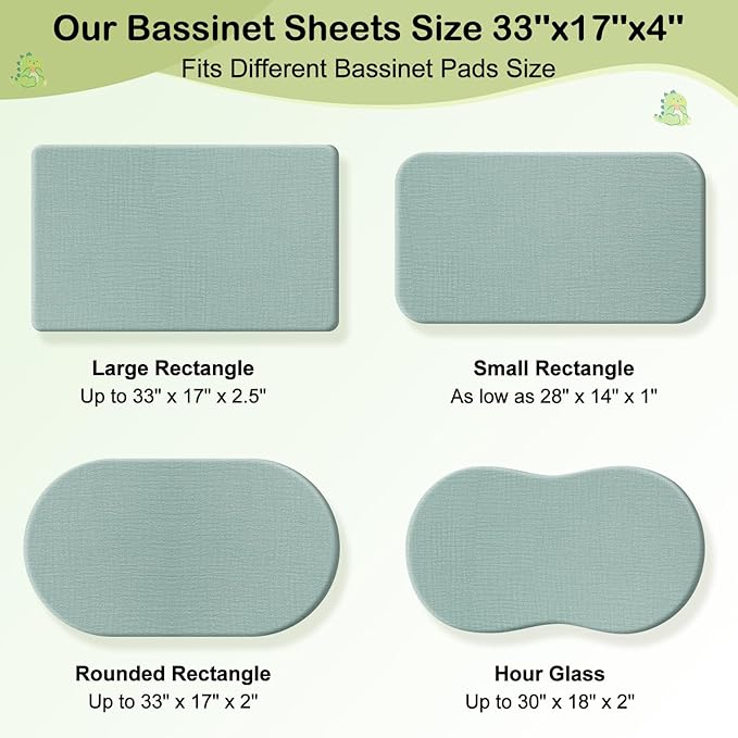 Baby Bassinet Sheets TPU Waterproof 2 Pack Soft Muslin Bedside Bassinet Mattress Sheets with Bottom Elastic Band for Baby Boy Girls Unisex Fit Hourglass Oval and Rectangle, Green Dinosaur