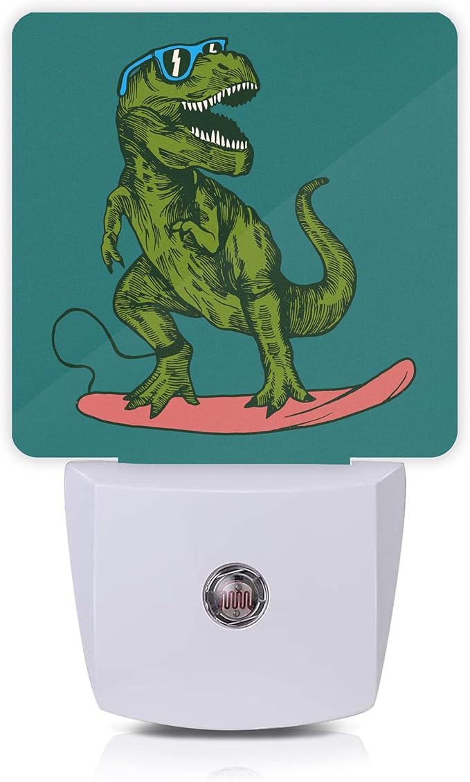 Dinosaur Night Light,Happy Dinosaur Surfer Night Lights Plug into Wall with Dusk to Dawn Light Sensors 0.5W Dim Night-Lights for Bedroom