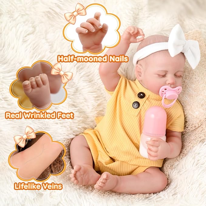 Jirachi Lifelike Reborn Baby Dolls, Real Life Vinyl Body Sleeping Baby Girl, 18 Inch Realistic Reborn Baby with Feeding Accessories for Girls Age 3+