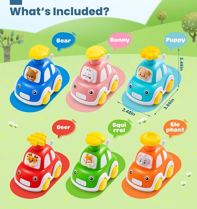 Jyusmile Press and Go Car Toddlers Toys for 1-2 Year Old Boy, 6 Pack Animal Baby Cars Toys for Age 0-2, Infant Push Go Vehicle Toys for 6-9-12-18 Months, First Birthday Gifts for 1-3 Boys Girls