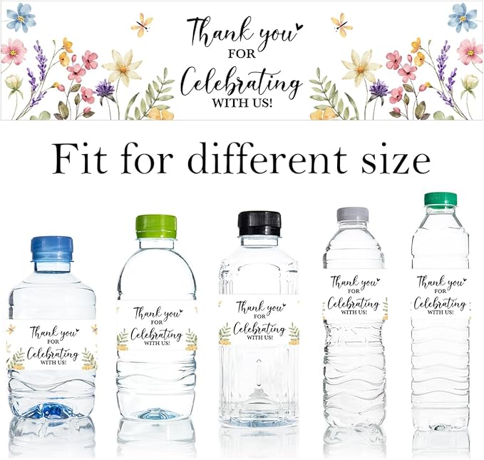 100PCS Wedding Water Bottle Labels Waterproof Greenery Floral Wraps Sticker for Water Bottle Baby Shower Bottle Label for Bridal Shower Party Thanks（Wildflowers）