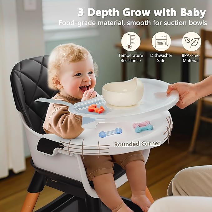 Kinder King 7 in 1 Baby High Chair for Babies and Toddlers with Large Storage Footrest, Booster Seat, Convertible Wooden High Chair with 3-Depth Double Dishwasher Safe Tray, 5 Point Harness, Black