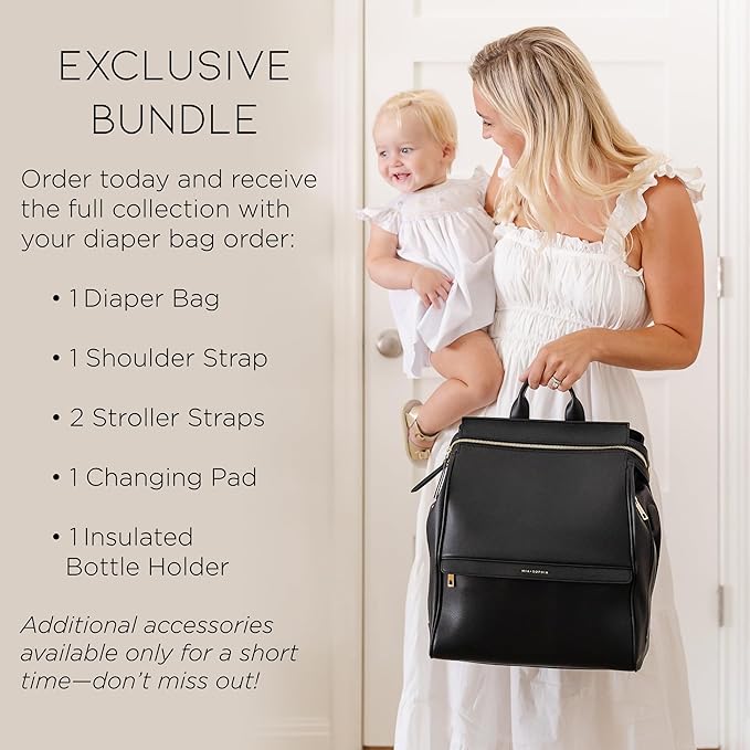 MIA + SOPHIA Leather Diaper Bag Backpack with USB Charging port, Changing Pad, Stroller Straps, and Bottle Holder (Black Sophia)