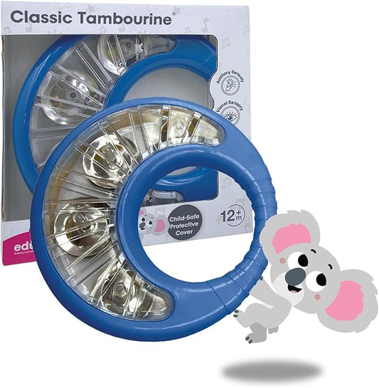 Edushape Classic Tambourine for Kids, Blue - Percussion Musical Instrument Baby Tambourine for Toddlers 1-3, Kids Tambourine Fun Tummy Time, Fine Motor, Auditory and Visual Sensory Development