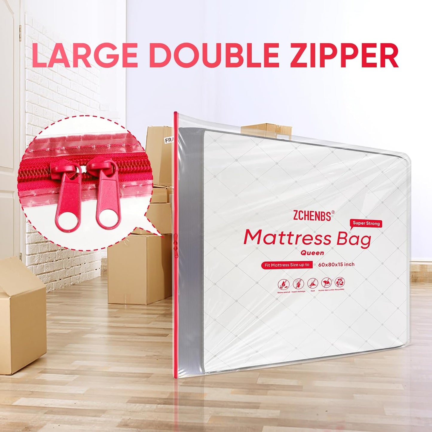 ZCHENBS® – Mattress Bags for Moving and Storage,Mattress Bag with Zippers,5 Mil Ultra-Thick Bed Bag,Waterproof,Anti-Tear,Heavy-Duty Mattress bag (Transaparent/Red, Queen-(1 Pack))