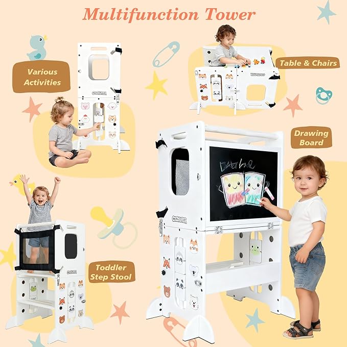 Toddler Kitchen Stool Helper, CPC Certified Foldable Toddler Tower, Learning Wooden Tower with Support Feet and Chalkboard, Anti-Drop Structure, Safe Design for Kids, White