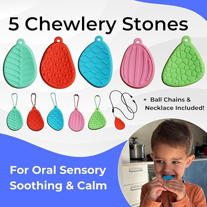 19pc Chewy Sensory Stones Calming Kit w/Calm Strips for Anxiety Relief Items, Chewelry Sensory Toys for Kids with Autism Classroom Must Haves, Worry Stones Fidgets for Classroom