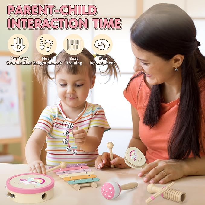 Baby Musical Instruments for Toddlers 1-3, Montessori Wooden Toys for 1 Year Old, Xylophone Maracas Percussion Set with Storage Bag, Learning Toys for Boys Girls Age 2-4, Christmas Birthday Gift, Pink