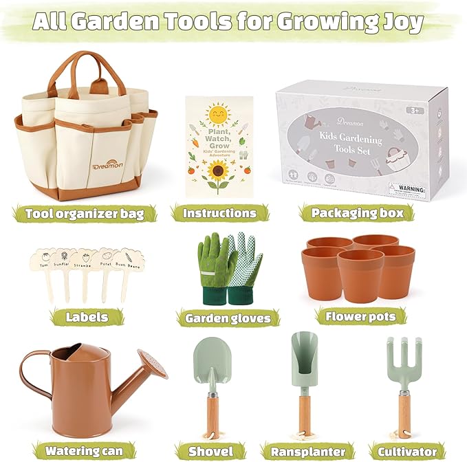 Dreamon Gardening Set Toys for Kids, Quality Garden Tool Kit Includes Tote Bag, Gloves, Shovel, Rake, Cultivator, Watering Can, STEM Learning Outdoor Gifts for Kids Toddlers