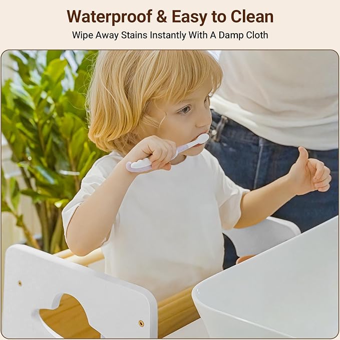 COSYLAND Toddler Standing Tower Adjustable Height - Super Stable Kids Kitchen Stool Helper - 3 Levels Adjustable Wooden Toddler Kitchen Stool (Natural & White)