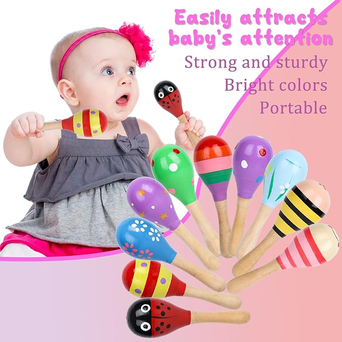 POPLAY 10PCS Mini Wooden Maracas, Maracas for Toddler Musical Instruments Wooden Shakers Baby Musical Toys Infant Learning Toys