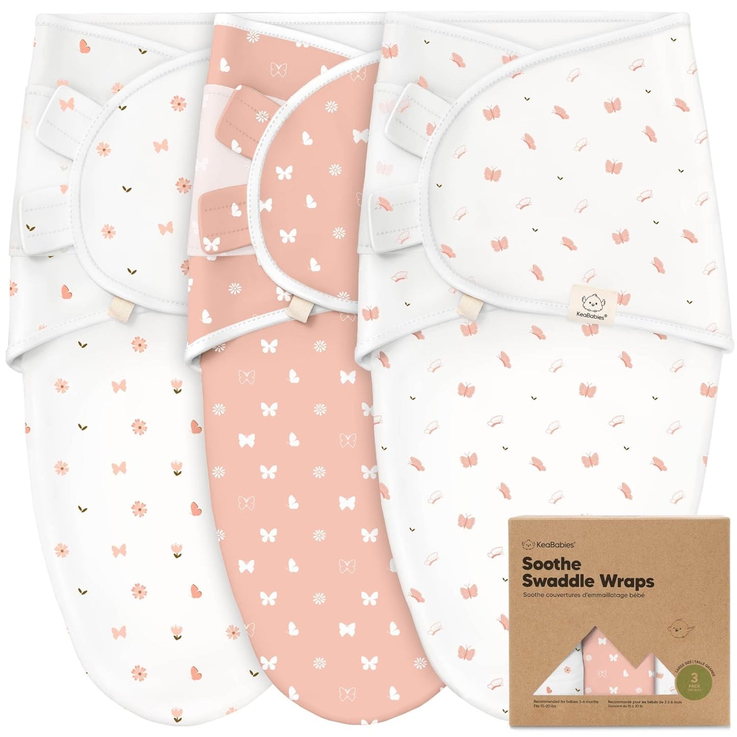KeaBabies 3-Pack Organic Baby Swaddle Sleep Sacks - Swaddles for Newborns, Infant 3-6 Months, Baby Girls, Boys, Soft & Snug Newborn Sleep Sack, Nursery Swaddling Blankets (Butterflies, L)
