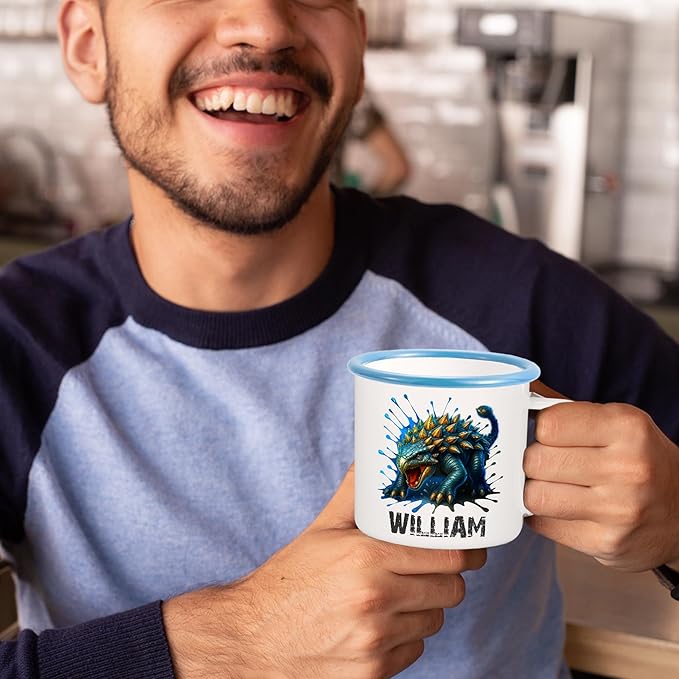 Personalized 12 oz Enamel Mug with Name - Custom Camping Coffee Mugs for Home, Work, Travel, Camping - Birthday Christmas Gift for Family Friend (Splash-Ink Dinosaur)