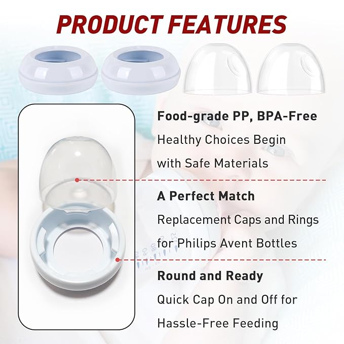 2-Pack Baby Bottle Rings and Caps for Philips Avent Natural Bottles, Replacement Screw Ring Collars, Baby Bottle Nipple Rings for Avent Natural Plastic and Glass Bottles