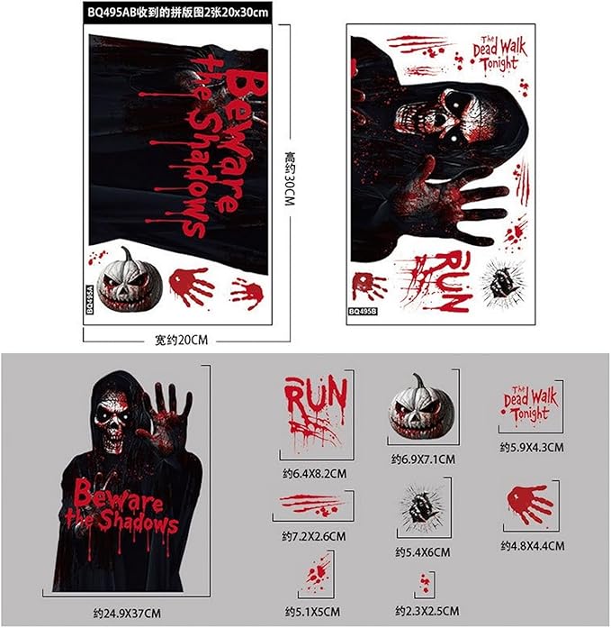 Halloween Ghost Window Clings Horror Bloody Handprints Spooky Ghost Slap The Window Double Sided Large Spooky Designs Halloween Bat Pumpkin Windows Clings for School Home Office Party Supplies Decor