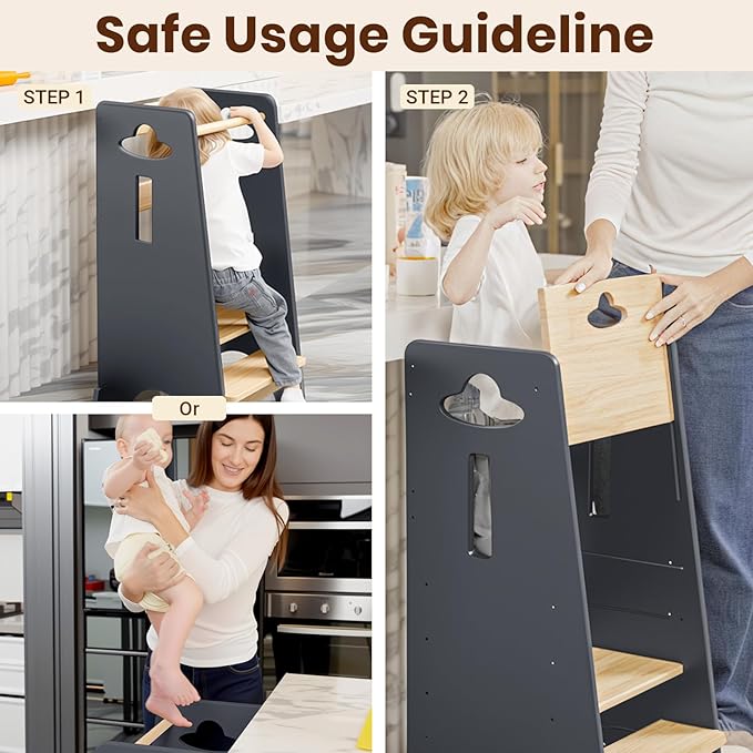 COSYLAND Toddler Standing Tower Adjustable Height - Super Stable Kids Kitchen Stool Helper - 3 Levels Adjustable Wooden Toddler Kitchen Stool (Natural & Light Gray)