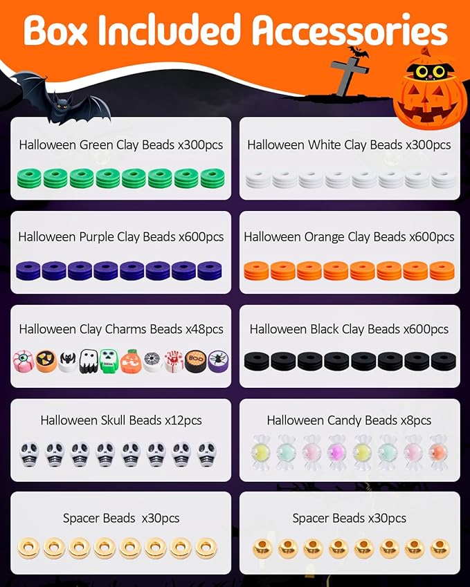 Taybonds Halloween Clay Beads Friendship Bracelet Making Kit for Kids, Jewelry Making Kit with Polymer Clay Charms and Skull for Bracelets, Gifts for Age6+