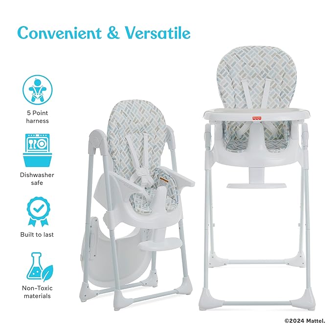 Fisher Price Tiny Bites Baby & Toddler Highchair – Cloud Grey, One-Click Folding, 7 Adjustable Height Levels, 2 Recline Positions, Removable Dishwasher-Safe Tray, Lightweight, Space-Saving