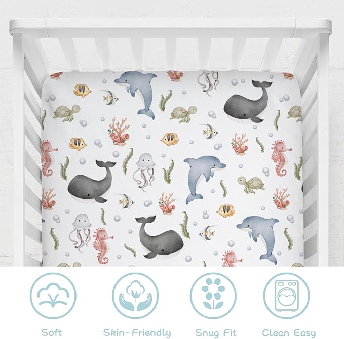 Boho Sea Animals Baby Crib Fitted Sheet 52''x28'' Whale Dolphin Jellyfish Sea Horse Turtle Fish Coral Snug Fitted Crib Mattress Cover for Boy Girl Soft Bed Sheets for Standard Crib Toddler Mattress