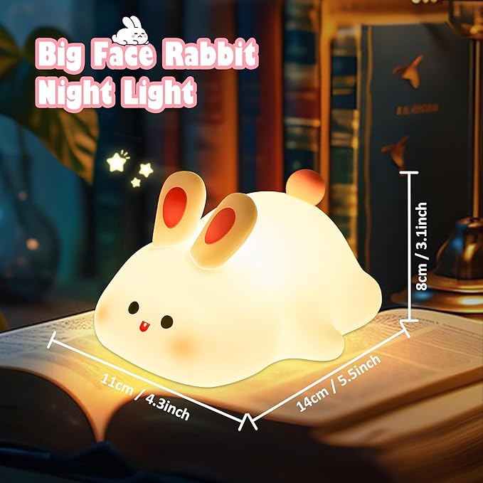 Bunny Lamp,Big Face Rabbit Night Light for Kids, Cute Easter Bunny Gifts, Kawaii Nursery Bedroom Decor, Rechargeable Silicone LED Squishy Night Light