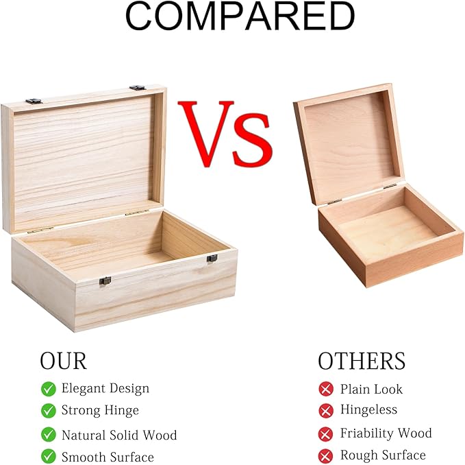 Wooden Storage Box Container with Hinged Lid and Front Clasp, 12.2''x8.6''x4.7'' Large Wooden Box, Wood Boxes Wood Gift Boxes for Crafts Art Hobbies and Valentine's Day Decoration