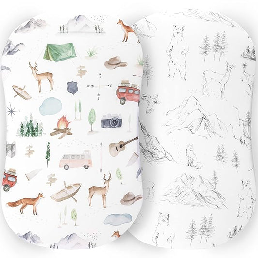 Pobibaby - 2 Pack Premium Bassinet Sheets for Standard Bassinets - Ultra-Soft Cotton Blend, Stylish Woodland Pattern, Safe and Snug for Baby (Explore)
