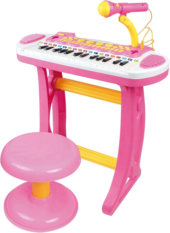 Qaba Kids Toy Keyboard Piano Toddler Electronic Instrument with Stool, Microphone and Bright Flashlight for Children Birth Gift, Pink