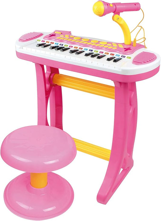 Qaba Kids Toy Keyboard Piano Toddler Electronic Instrument with Stool, Microphone and Bright Flashlight for Children Birth Gift, Pink