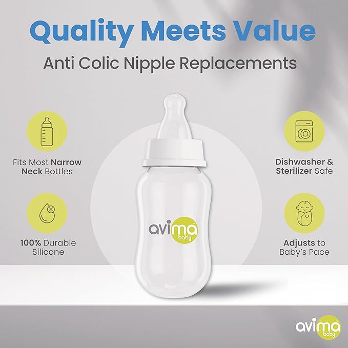 Avima Baby Anti Colic Nipples for Standard Neck Bottles, Silicone Breast Like Nipples - Newborn 0 to 3+ Months, Slow Flow, Level 1 (Pack of 6)