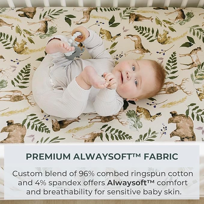 Pobibaby - 2 Pack Premium Pack N Play Sheets Fitted for Standard Pack and Plays and Mini Cribs - Ultra-Soft Cotton Blend, Stylish Woodland Pattern, Safe and Snug for Baby (Wildlife)