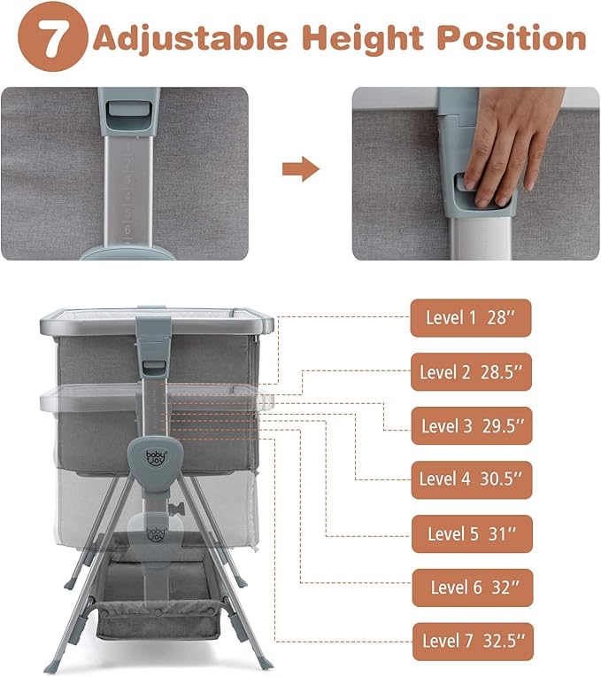 BABY JOY Bedside Bassinet, Portable Baby Crib w/Mattress, Two-Side Breathable Mesh, 7 Height Adjustable, Large Storage, Wheels for Easy Movement, Crib for Newborn Infant, Bassinet for Baby, Grey