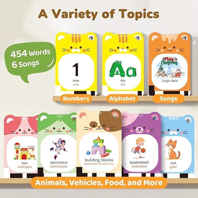 JoyCat Spanish & English Bilingual Talking Flash Cards for Toddlers 1-5, 454 Words with Durable Thick Cards, Easy to Slide in and Out, Speech Therapy Toys, Birthday Gifts for Boys Girls