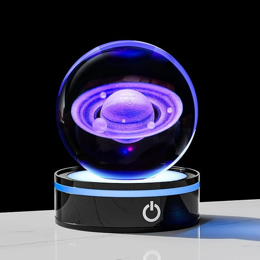 3D Saturn Model Crystal Ball Led Lamp Base - Space Decor World Globe Planets Sphere Night Light 80mm 3.15 Inch - Solar System Decor Best Birthday Astronomy Gifts for Men Physics Science Teacher