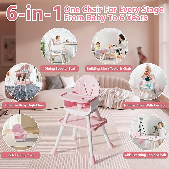 6 in 1 Baby High Chair for Babies and Toddlers, Booster Seat, Kids Learning Table & Chair (Pink)