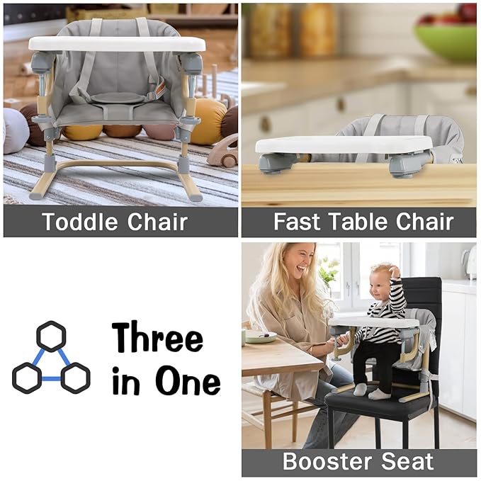 Baby Booster Seat for Table, Toddler Hook On High Chair with Tray, Adjustable Height Foldable Baby Feeding Chair with Carry Bag, for Kitchen Home Travel, Gray