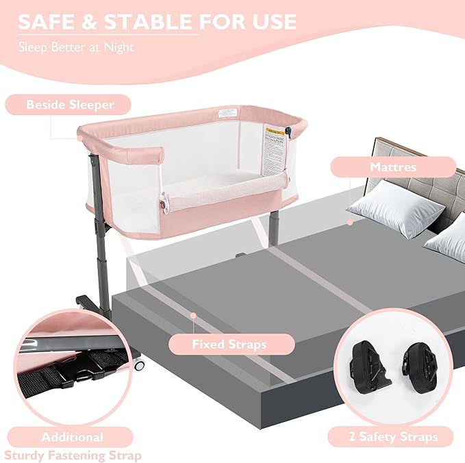 Baby Bassinet Bedside Sleeper, 2 in 1 Folding Portable Newborn Bedside Sleeper, All-Sided Mesh Infant Travel Crib for Toddlers, 6 Adjustable Height, with 4 Wheels, Grey