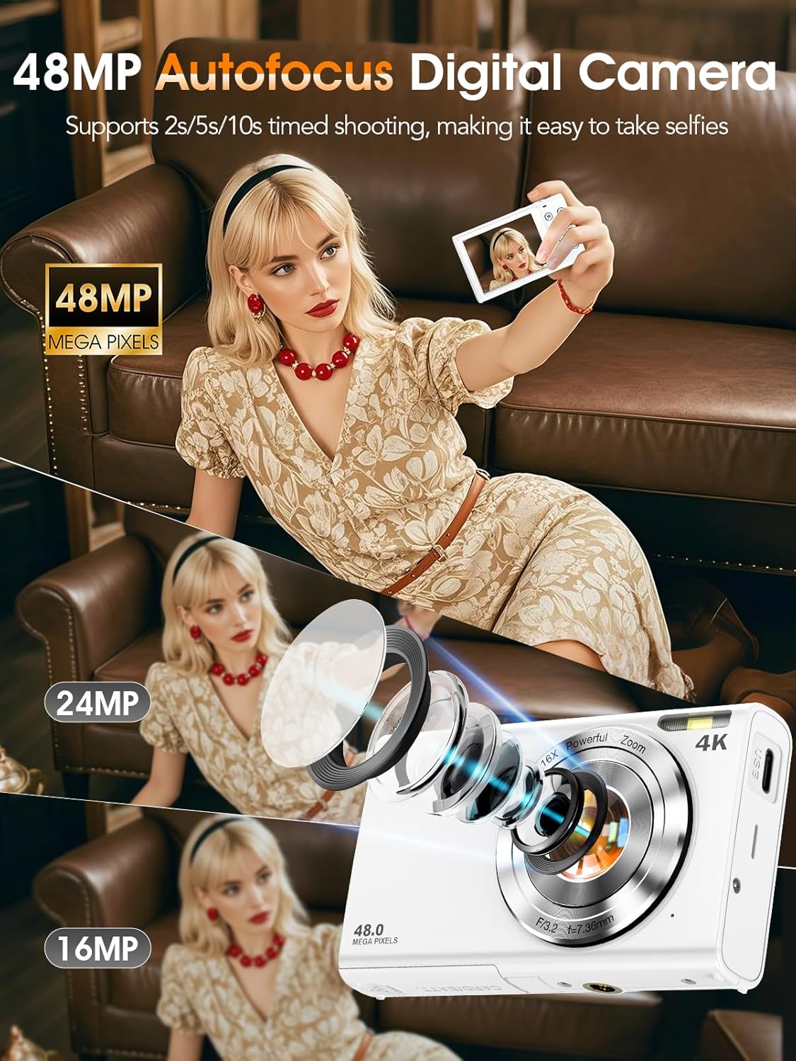 Digital Camera,Autofocus 4K Vlogging Camera for Photography with 32GB Card,48MP Portable Compact Point and Shoot Digital Camera for Teens Adult Beginner with 16X Zoom,Anti-Shake,2 Batteries(White)