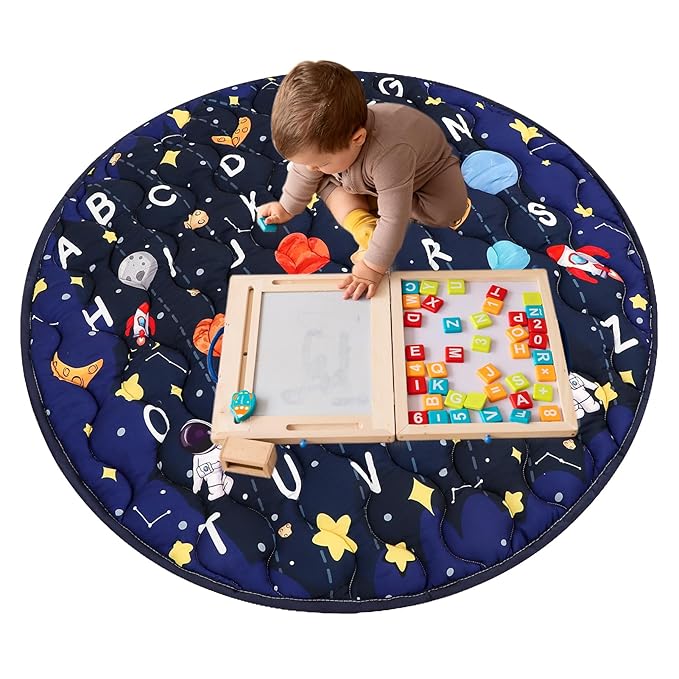 Baby Play Mat Round for Floor, GFU Non-Slip 40x40 Round Mat, Thick One-Piece Crawling Mat Blue, Infants Playmat Foldable and Machine Washable for Boys