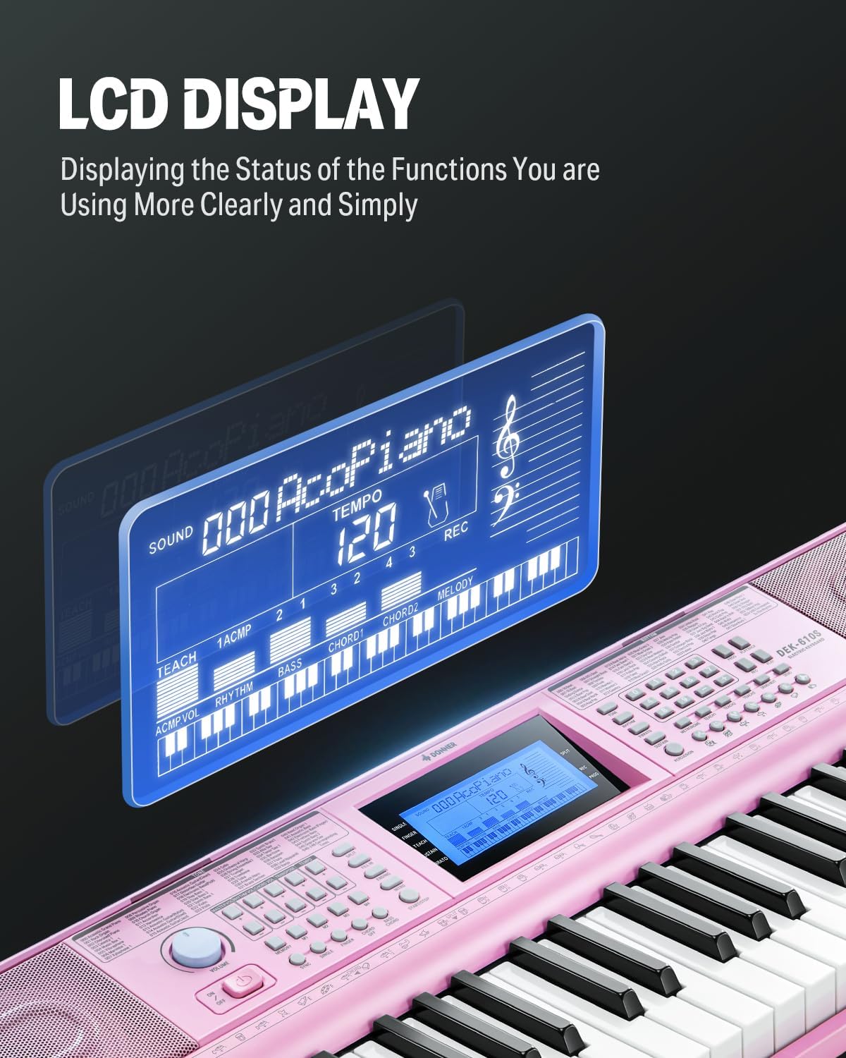 Donner Keyboard Piano 61 Key, Electric Keyboard Kit with 249 Voices, 249 Rhythms - Includes Piano Stand, Stool, Microphone, Gift for Beginners, Pink(DEK-610S)