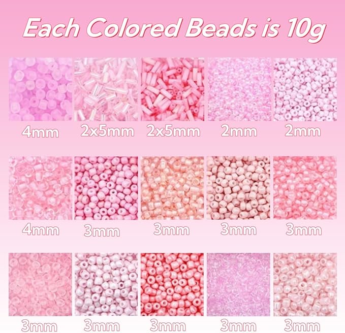 15 Color 4mm Small Assorted Glass Seed Beads,3mm Bugle Beads Friendship Bracelet Kit,2mm Tiny Tube Bead for Jewelry Making(Pink)