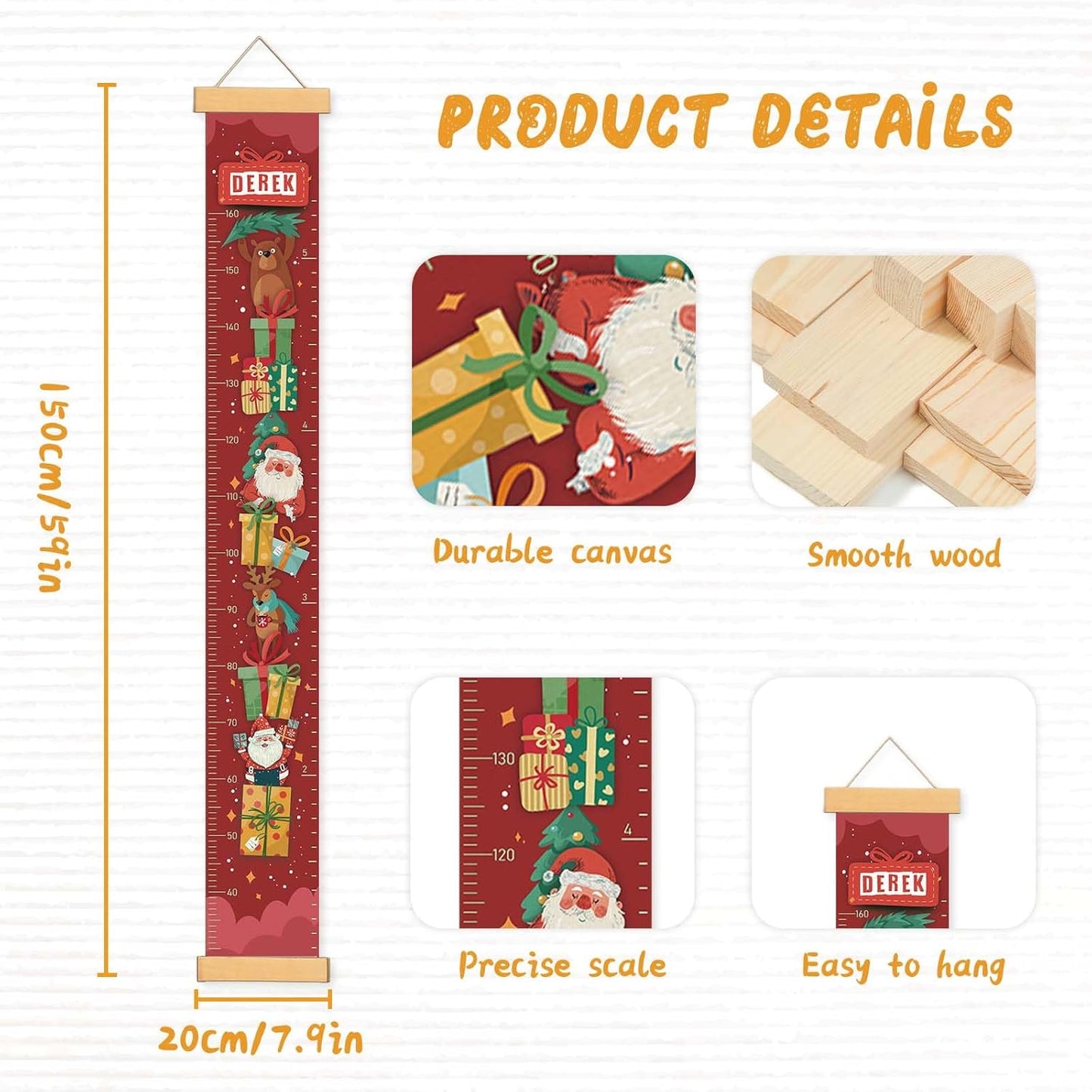 Personalize Name Baby Height Growth Chart, Christmas Theme Canvas&Wood Growth Chart for Wall Room Nursery Decor, Waterproof Measuring Wall Ruler, Wall Tape with Height Chart for Kids