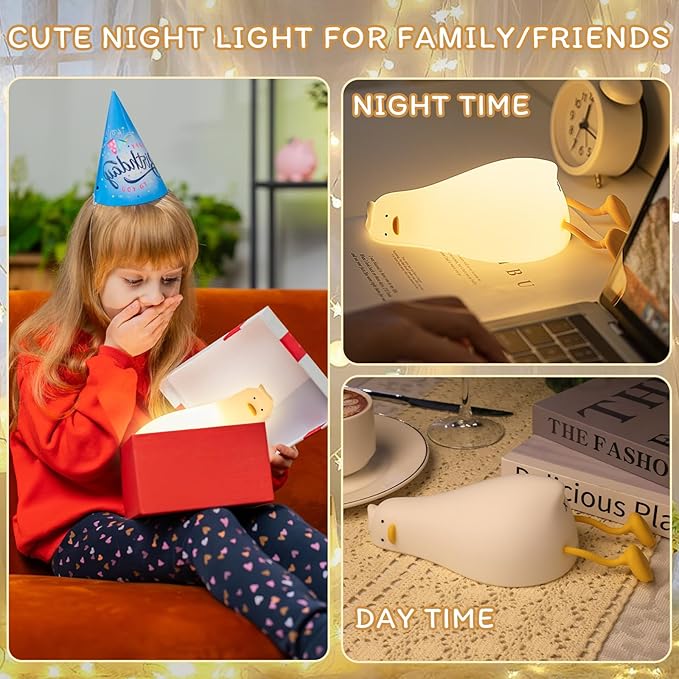 Silicone Night Light for Kids - Squishy Duck Lamp, 3-Level Dimmable & Rechargeable Baby Night Light for Breastfeeding & Nursery | Touch Control, Lying Flat Design, Toddler Safe (Ducky Lay Light)